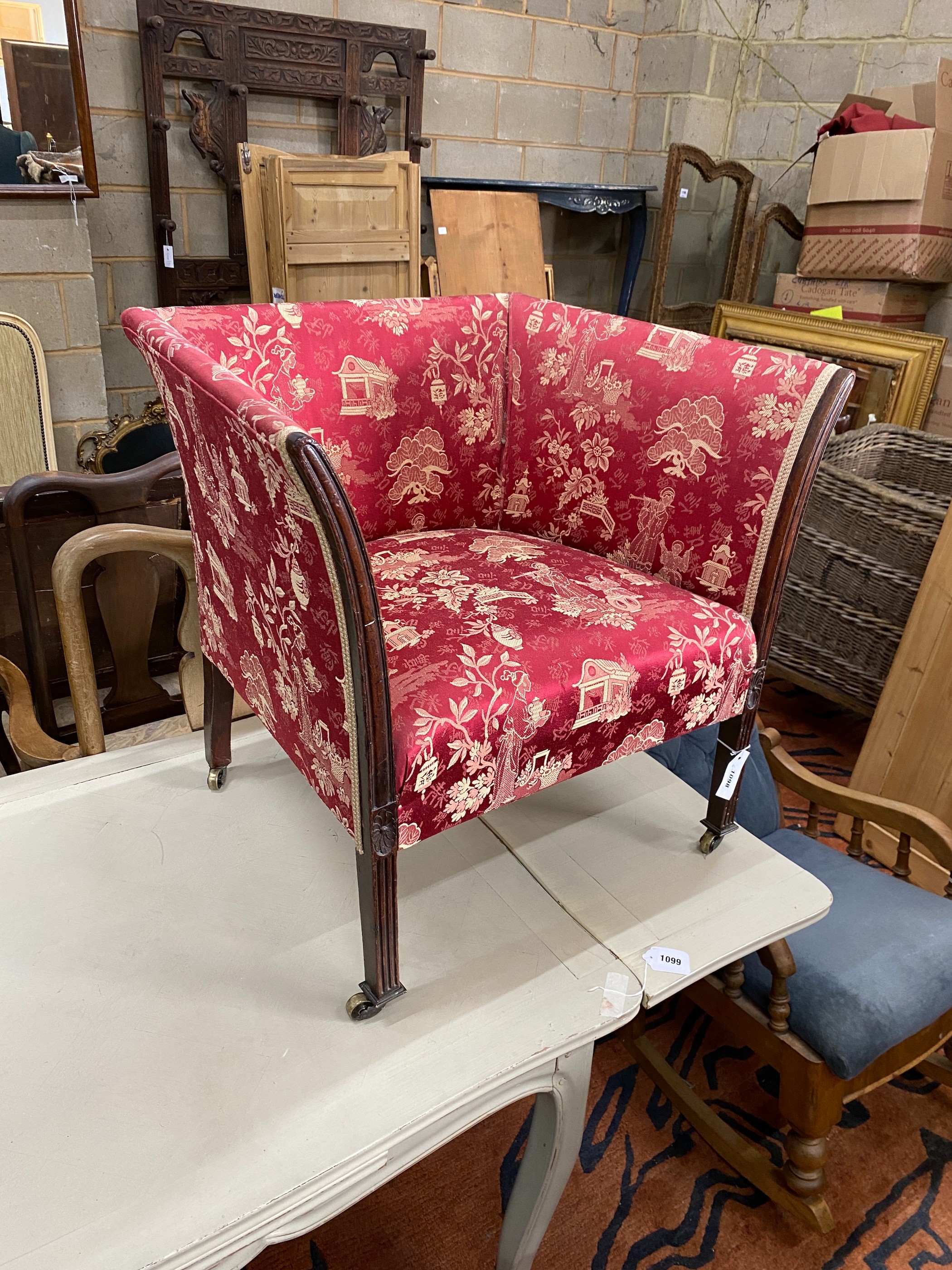 An Edwardian mahogany square frame upholstered armchair, width 71cm, depth 58cm, height 66cm
